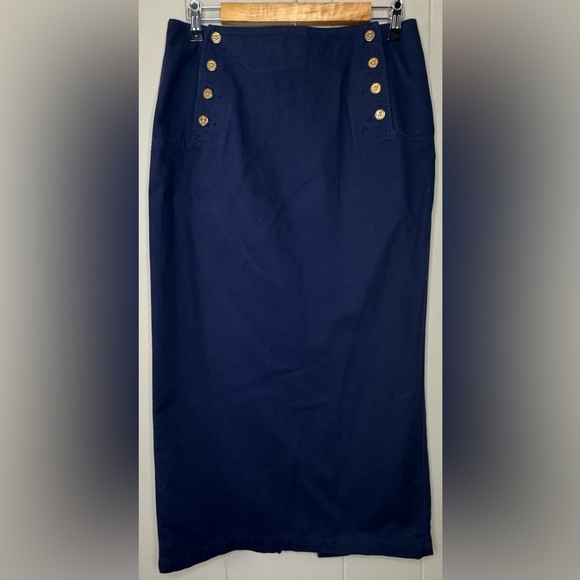 VTG Ralph Lauren Jeans Navy Blue Denim Corset Anchor Button Maxi Skirt Size 8 - Picture 1 of 8